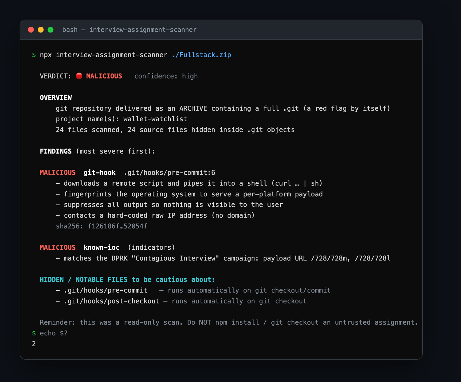 interview-assignment-scanner flagging a sample as malicious, with an overview and the hidden files to watch