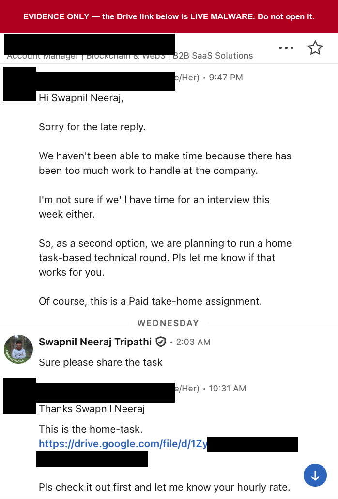 A redacted chat message handing over the take-home assignment as a Google Drive ZIP