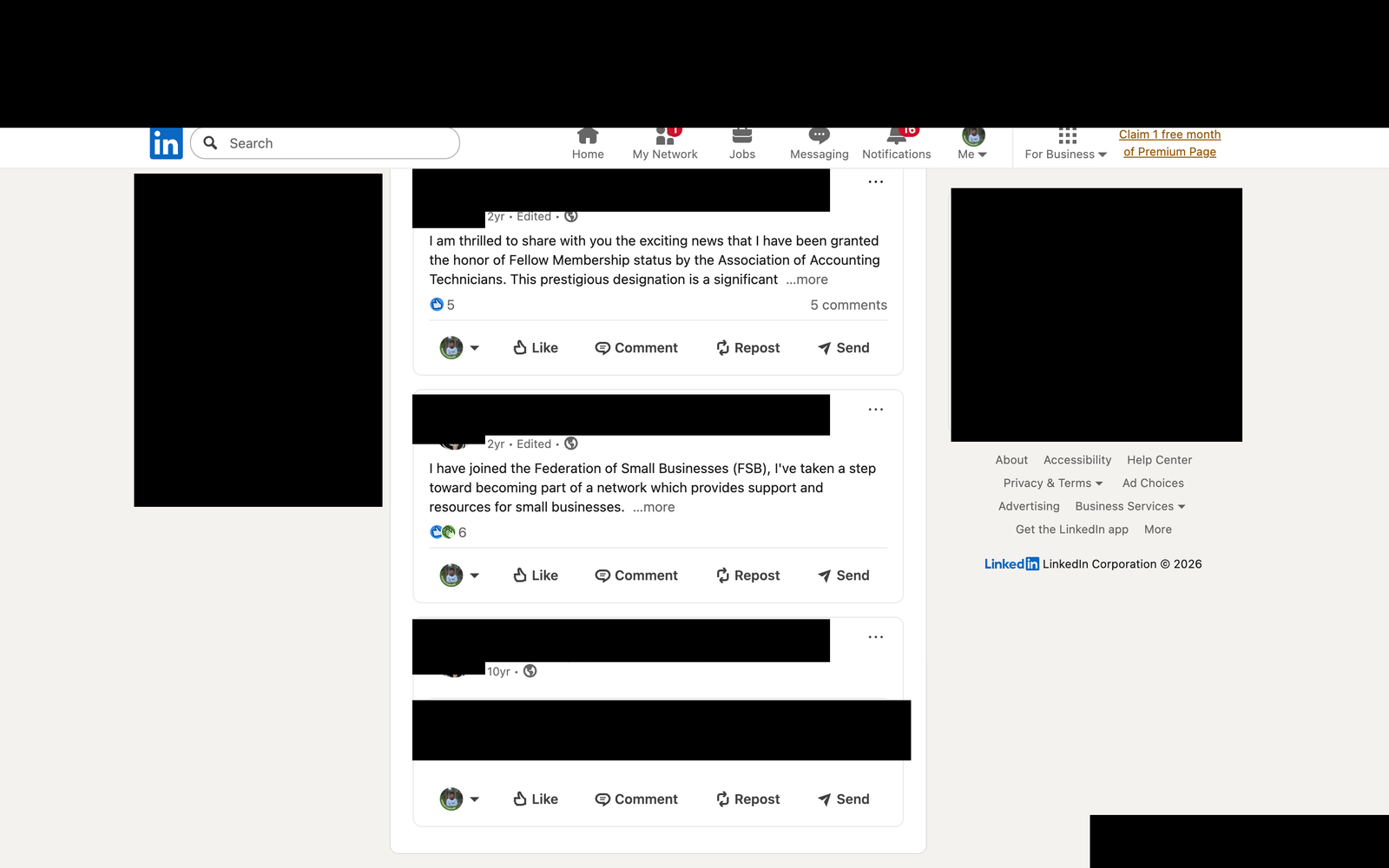 A redacted LinkedIn activity feed showing posts from two and ten years ago; the name, photo, and business are blacked out